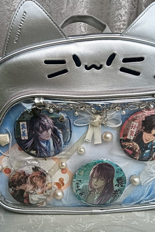 Silver Y2K Cat Backpack with Clear Window for Plushies and Pins