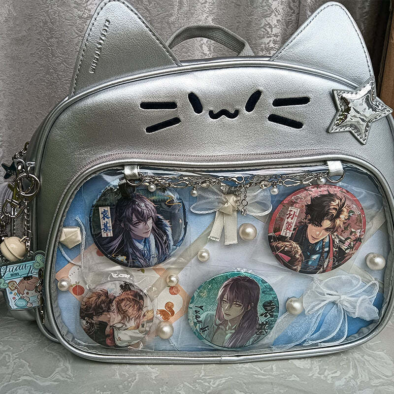 Silver Y2K Cat Backpack with Clear Window for Plushies and Pins Silver Y2K Cat Backpack with Clear Window for Plushies and Pins