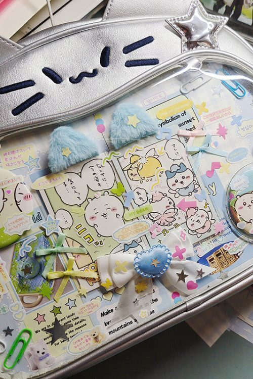 Silver Y2K Cat Backpack with Clear Window for Plushies and Pins