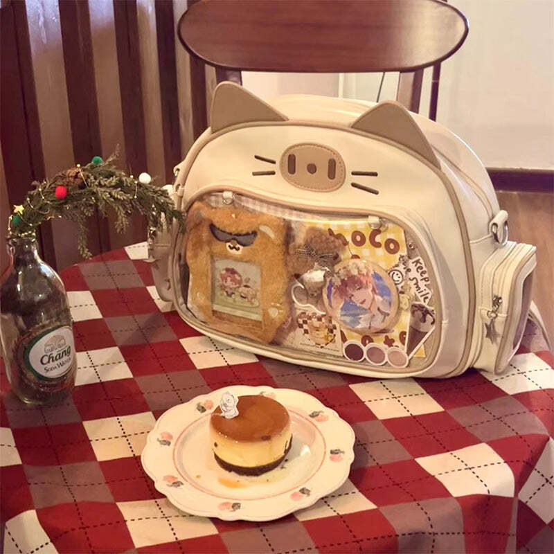 Silver Y2K Cat Backpack with Clear Window for Plushies and Pins Silver Y2K Cat Backpack with Clear Window for Plushies and Pins