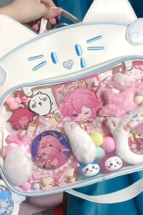 Silver Y2K Cat Backpack with Clear Window for Plushies and Pins