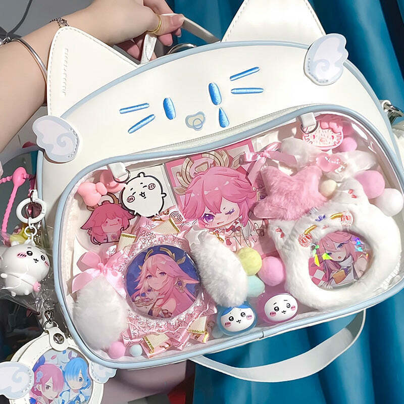 Silver Y2K Cat Backpack with Clear Window for Plushies and Pins Silver Y2K Cat Backpack with Clear Window for Plushies and Pins