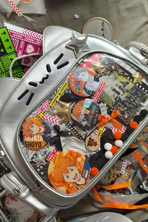 Silver Y2K Cat Backpack with Clear Window for Plushies and Pins