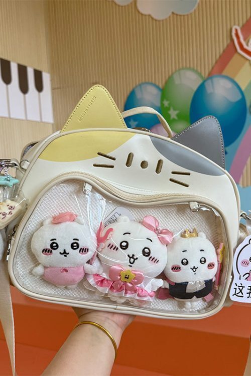 Silver Y2K Cat Backpack with Clear Window for Plushies and Pins