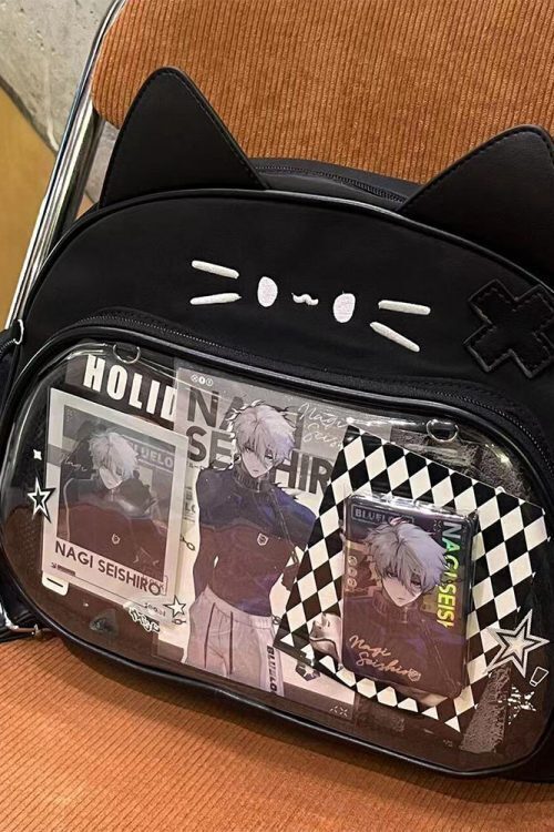 Silver Y2K Cat Backpack with Clear Window for Plushies and Pins