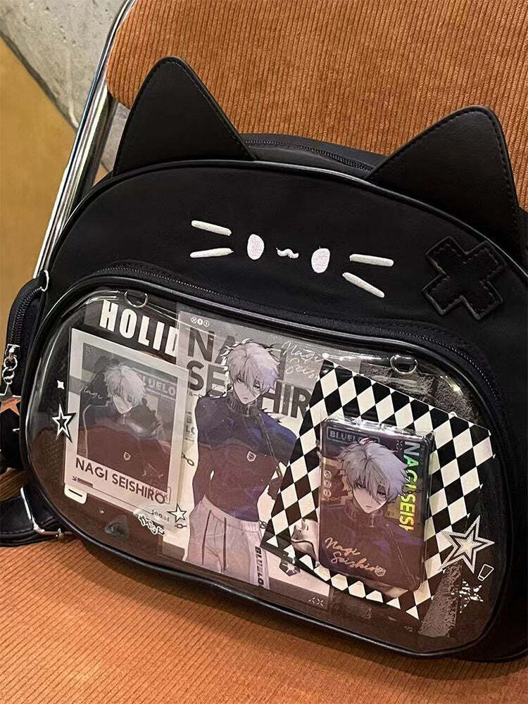 Silver Y2K Cat Backpack with Clear Window for Plushies and Pins Silver Y2K Cat Backpack with Clear Window for Plushies and Pins