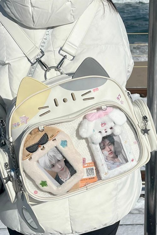 Silver Y2K Cat Backpack with Clear Window for Plushies and Pins