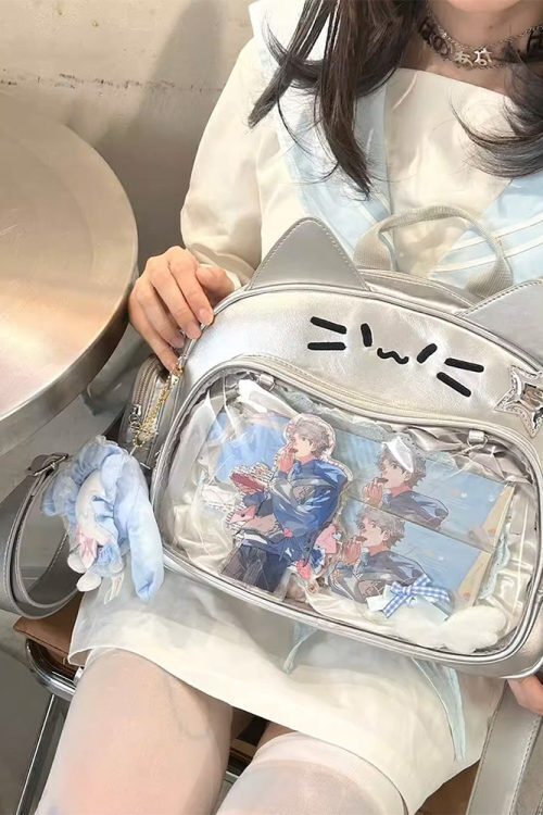 Silver Y2K Cat Backpack with Clear Window for Plushies and Pins