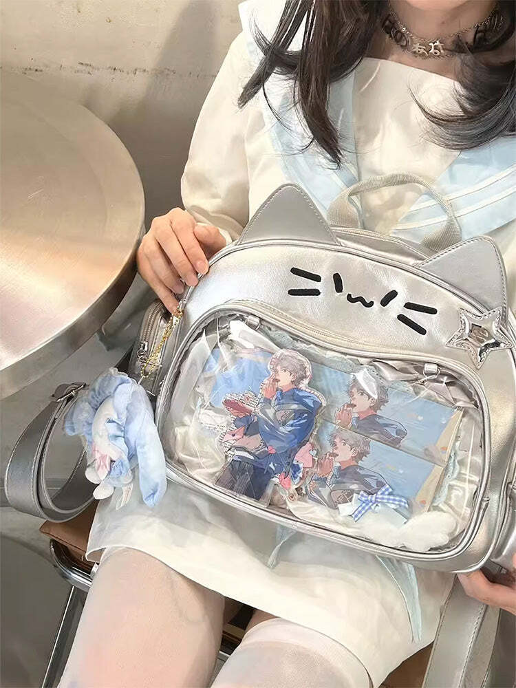 Silver Y2K Cat Backpack with Clear Window for Plushies and Pins Silver Y2K Cat Backpack with Clear Window for Plushies and Pins