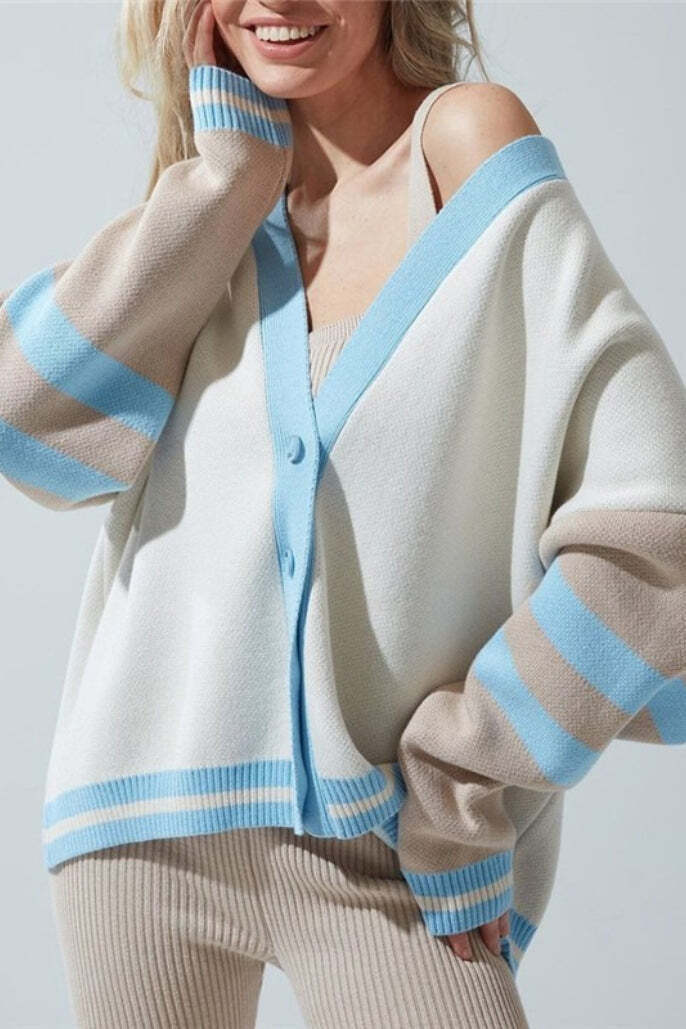 Simple Color Block Striped Relaxed Knit Cardigan Simple Color Block Striped Relaxed Knit Cardigan