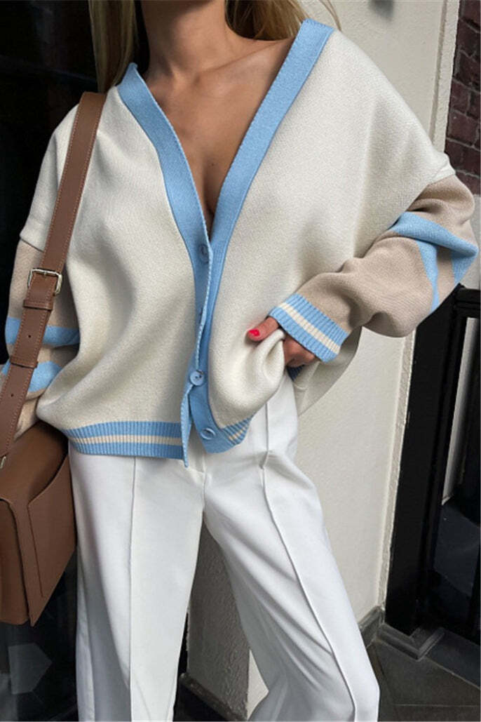 Simple Color Block Striped Relaxed Knit Cardigan Simple Color Block Striped Relaxed Knit Cardigan