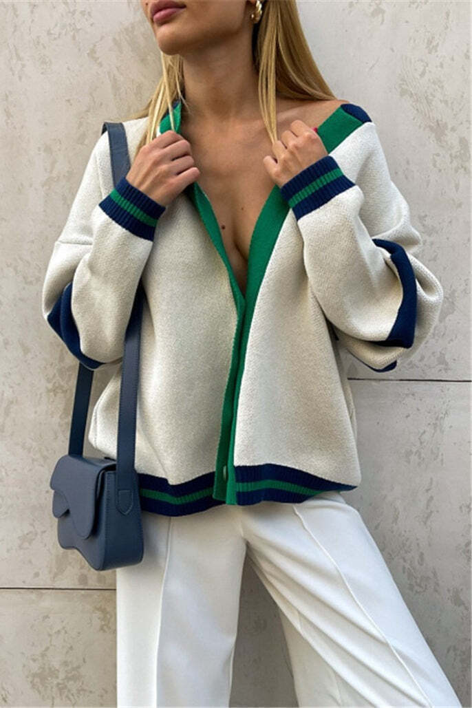 Simple Color Block Striped Relaxed Knit Cardigan Simple Color Block Striped Relaxed Knit Cardigan