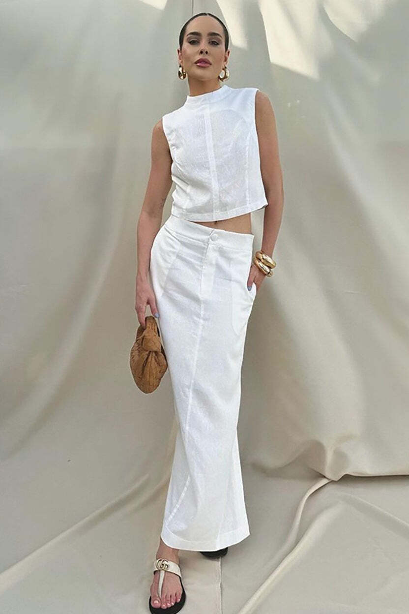 Simple Linen Cotton Sleeveless Slit Skirt Set