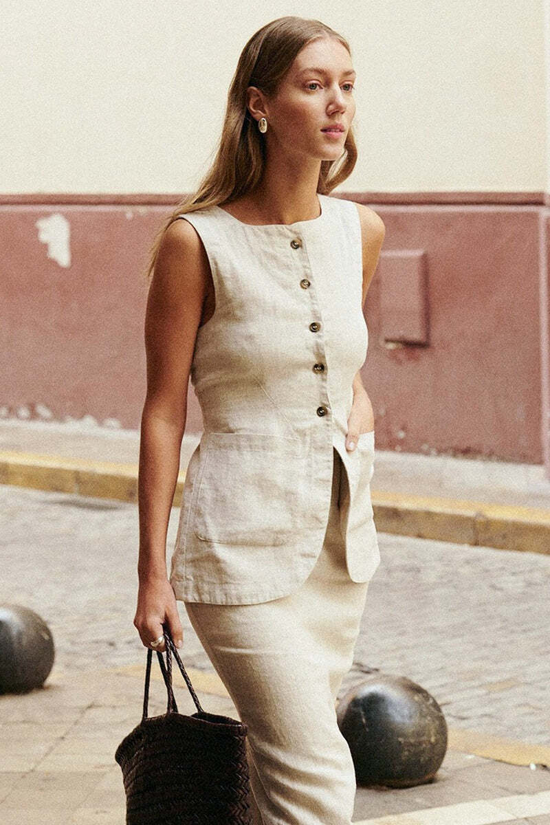 Simple Linen Vest High Waist Skirt Set Simple Linen Vest High Waist Skirt Set
