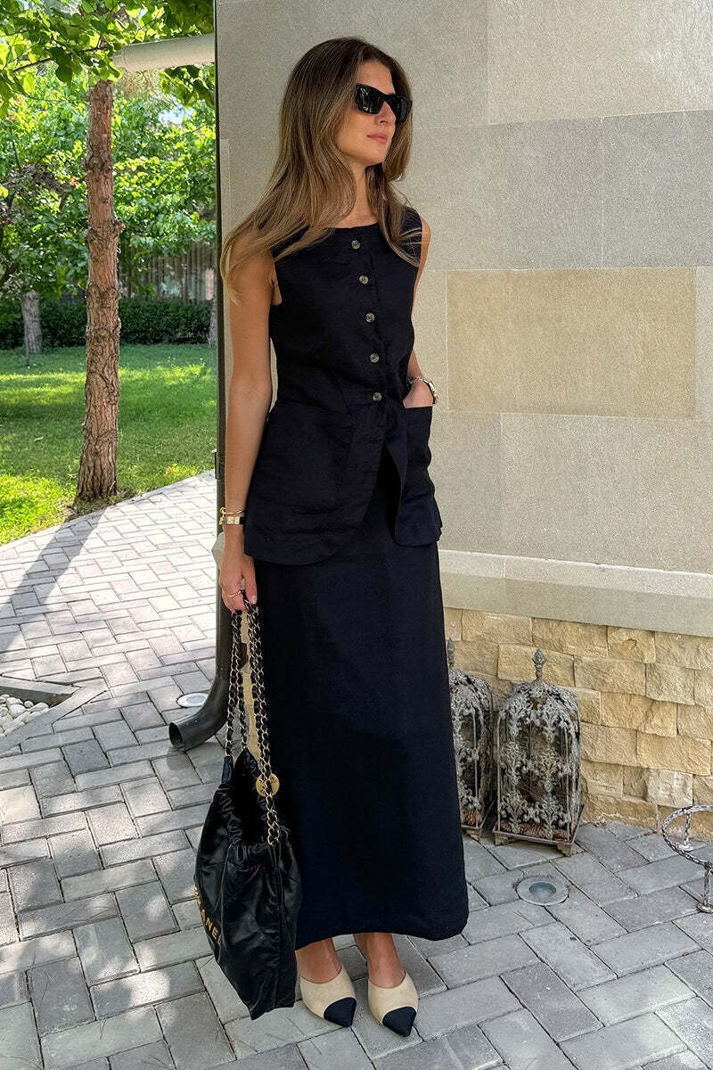 Simple Linen Vest High Waist Skirt Set Simple Linen Vest High Waist Skirt Set
