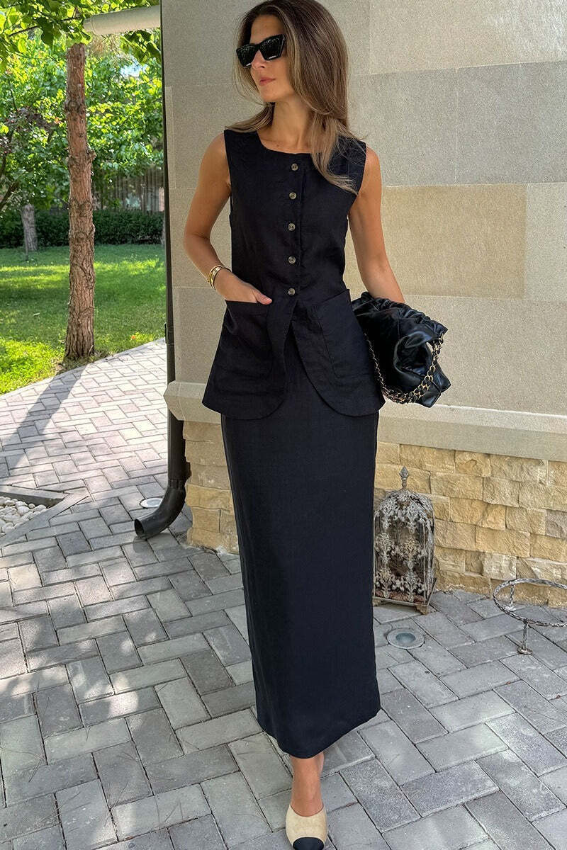 Simple Linen Vest High Waist Skirt Set Simple Linen Vest High Waist Skirt Set