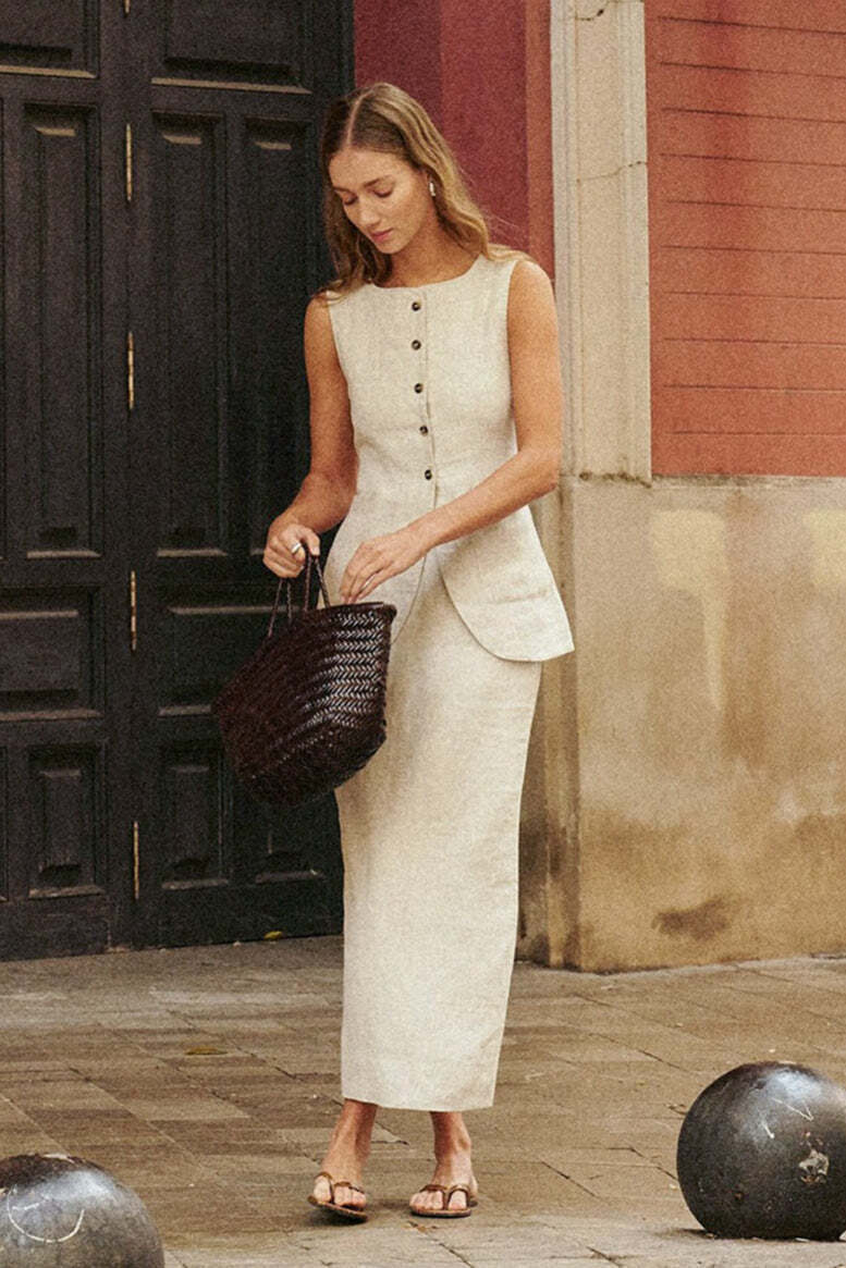 Simple Linen Vest High Waist Skirt Set Simple Linen Vest High Waist Skirt Set