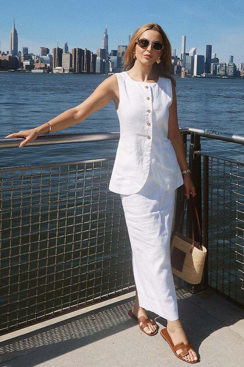 Simple Linen Vest High Waist Skirt Set