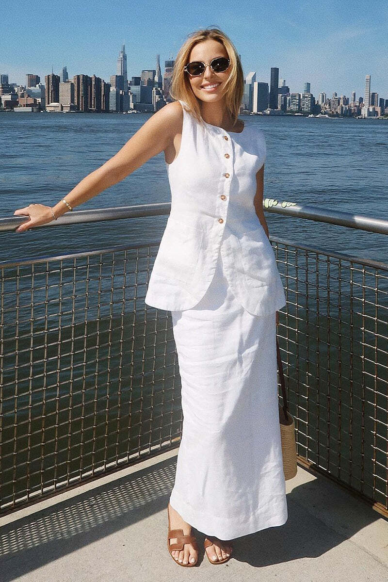 Simple Linen Vest High Waist Skirt Set Simple Linen Vest High Waist Skirt Set