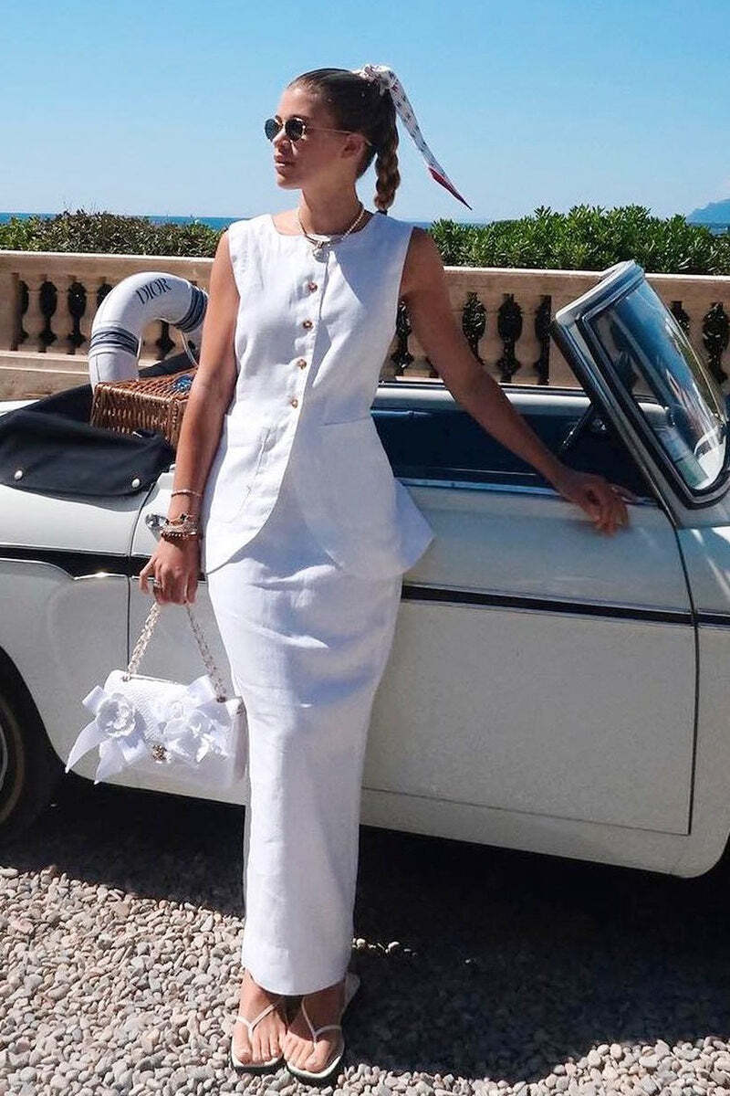 Simple Linen Vest High Waist Skirt Set Simple Linen Vest High Waist Skirt Set