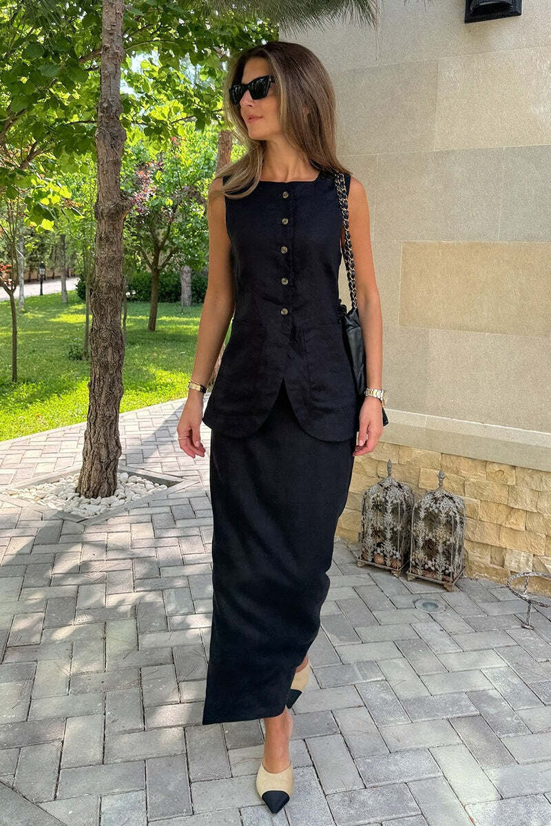Simple Linen Vest High Waist Skirt Set Simple Linen Vest High Waist Skirt Set