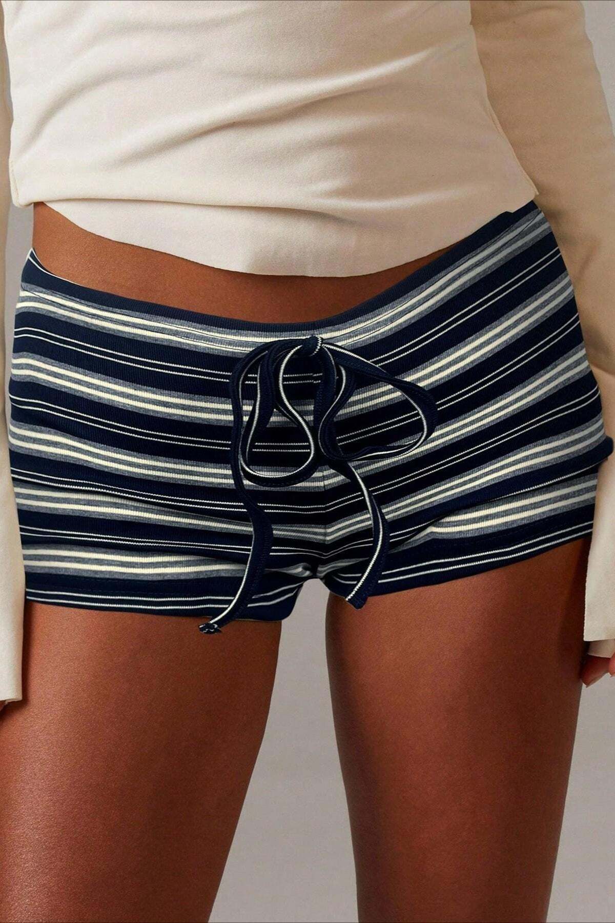 Simple Stripe Drawstring Low Waist Shorts Simple Stripe Drawstring Low Waist Shorts