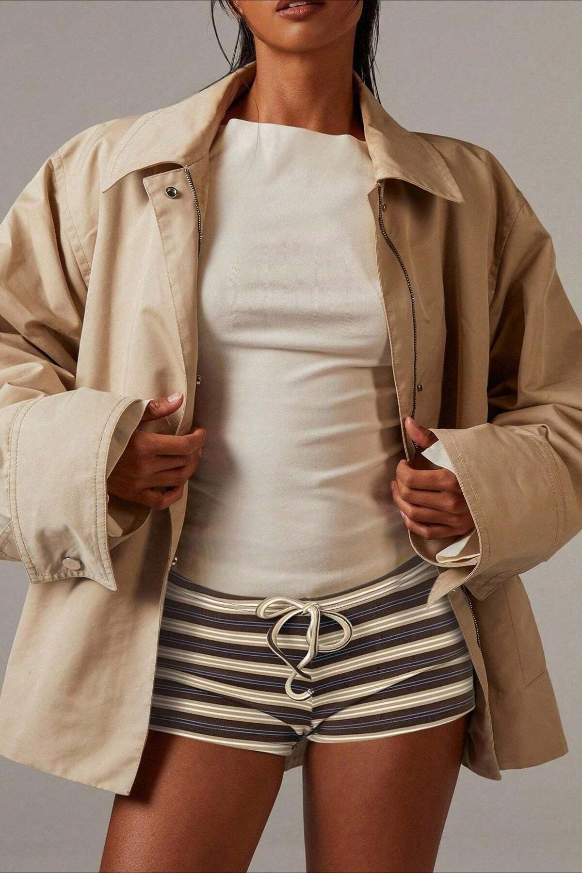 Simple Stripe Drawstring Low Waist Shorts Simple Stripe Drawstring Low Waist Shorts