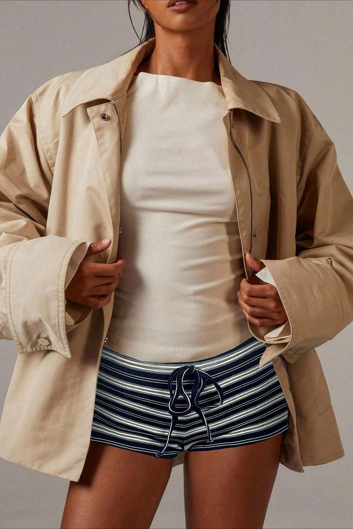 Simple Stripe Drawstring Low Waist Shorts Simple Stripe Drawstring Low Waist Shorts