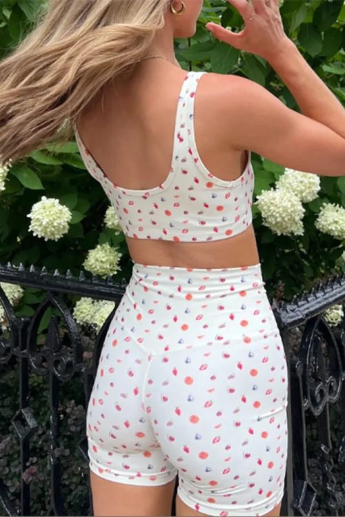 Slim Fit Fruit Bow Print Sleeveless Camis Crop Top with Bodycon Biker Shorts Set
