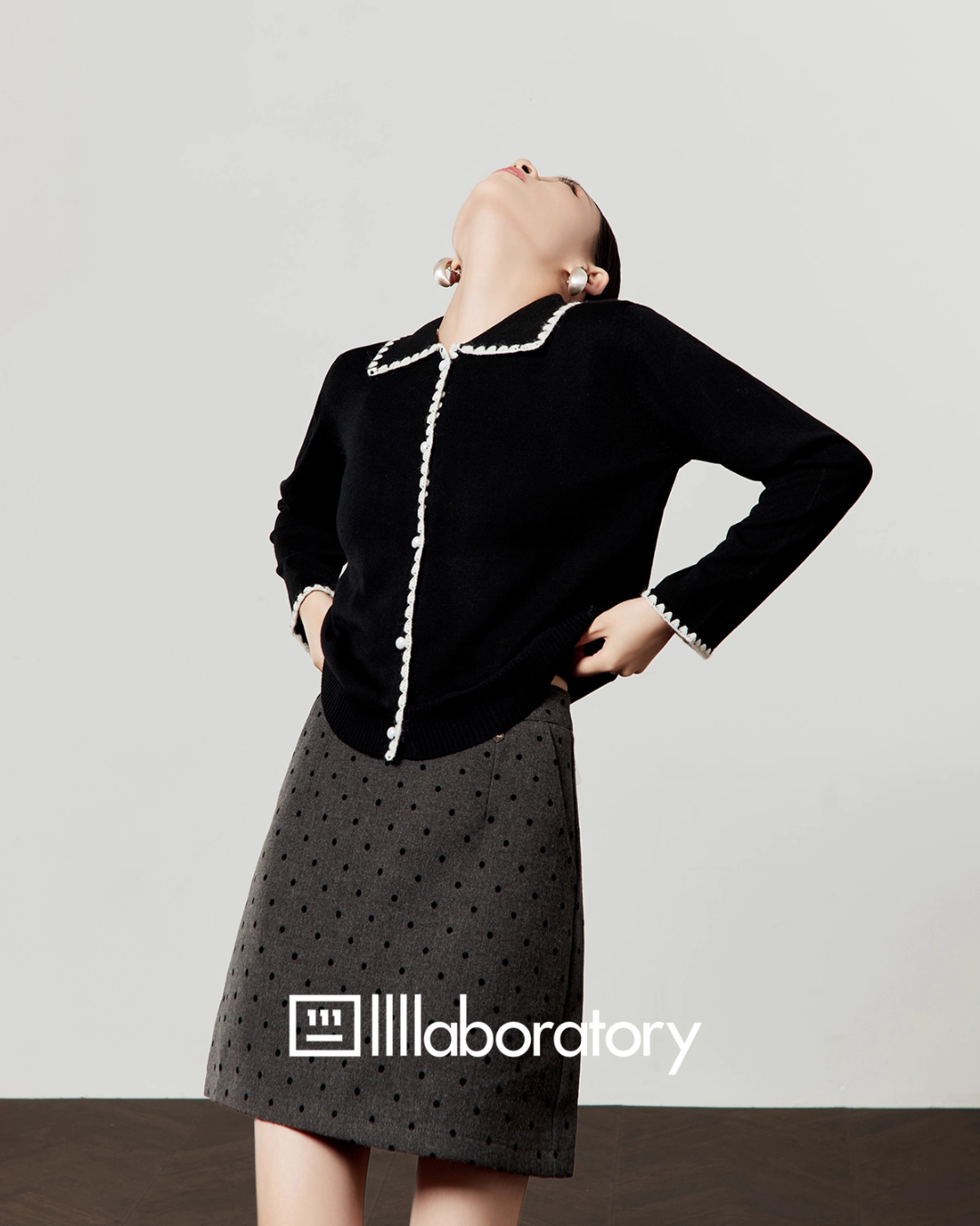 Slim Fit Knit Cardigan / Polka Dot Mini Skirt Slim Fit Knit Cardigan / Polka Dot Mini Skirt