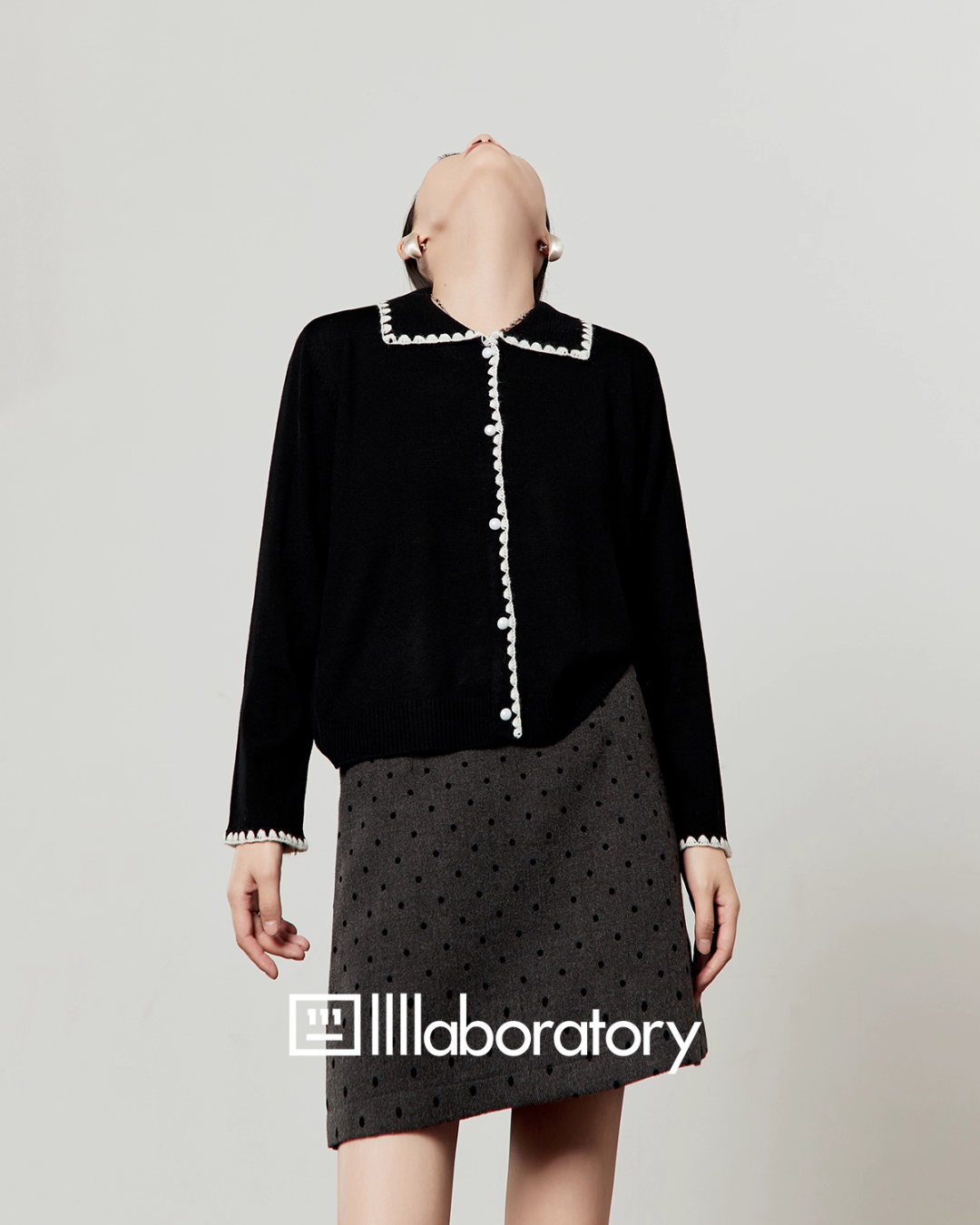 Slim Fit Knit Cardigan / Polka Dot Mini Skirt Slim Fit Knit Cardigan / Polka Dot Mini Skirt