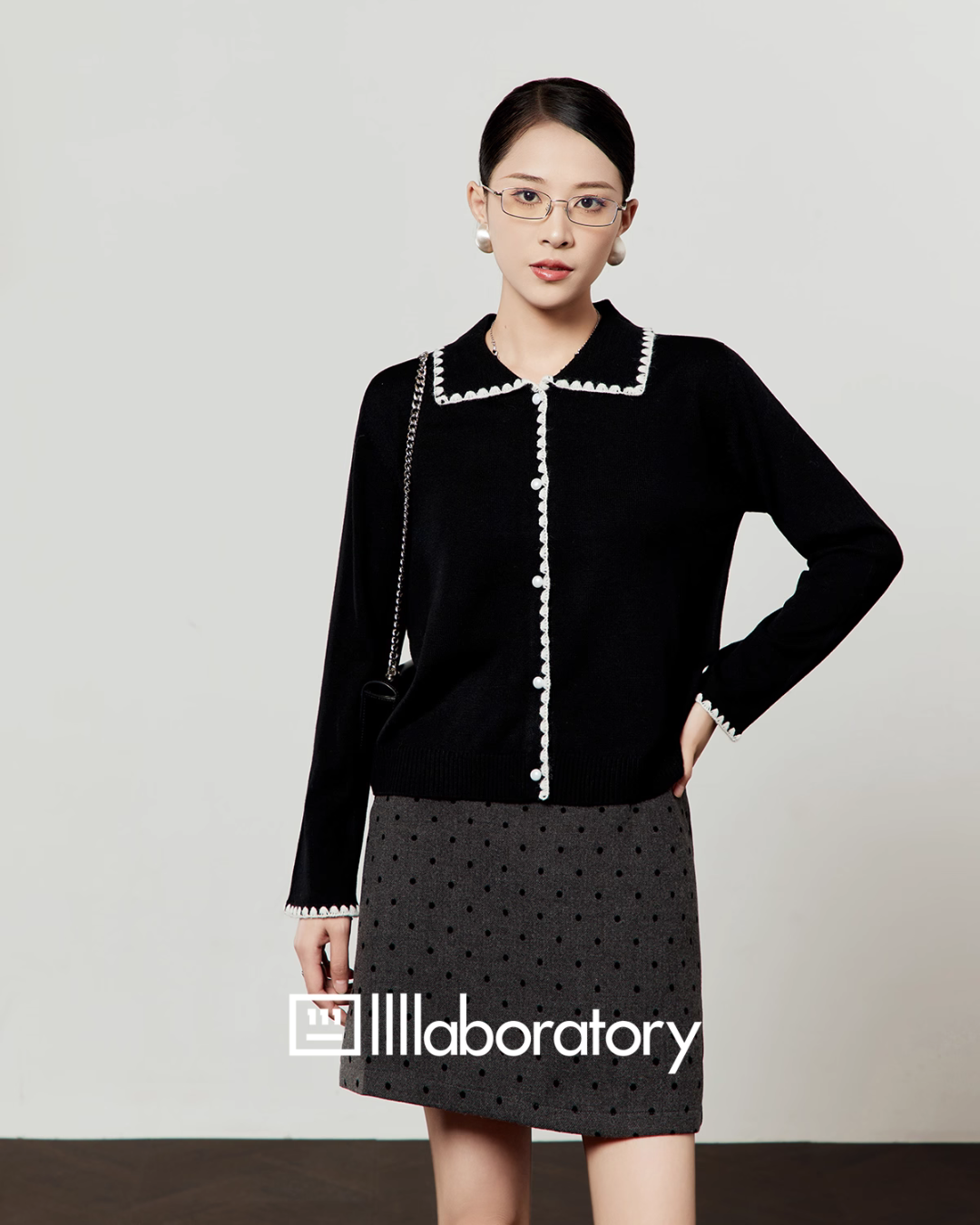 Slim Fit Knit Cardigan / Polka Dot Mini Skirt Slim Fit Knit Cardigan / Polka Dot Mini Skirt