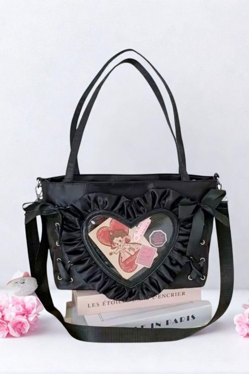 Small Black Lace Heart Ita Messenger Bag for Pin Display