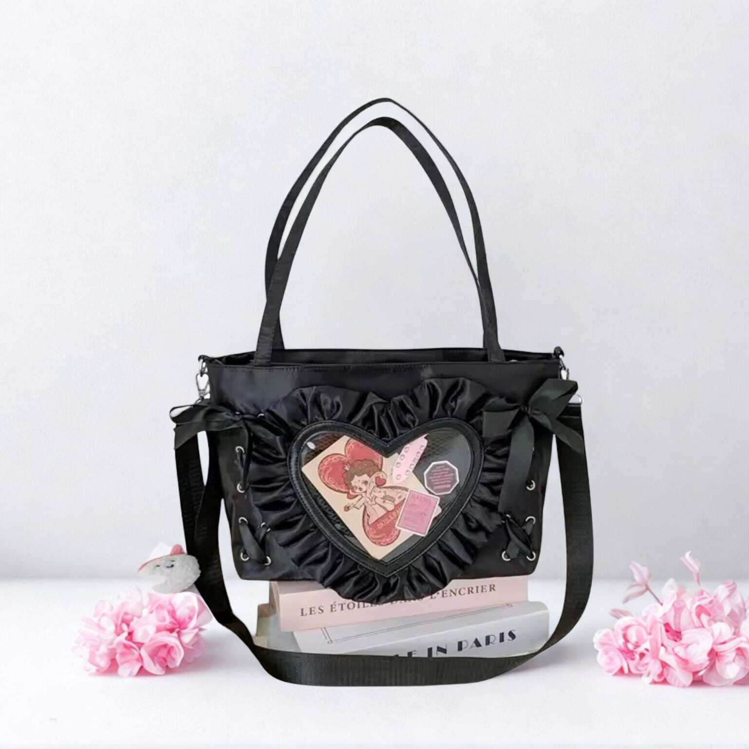 Small Black Lace Heart Ita Messenger Bag for Pin Display Small Black Lace Heart Ita Messenger Bag for Pin Display