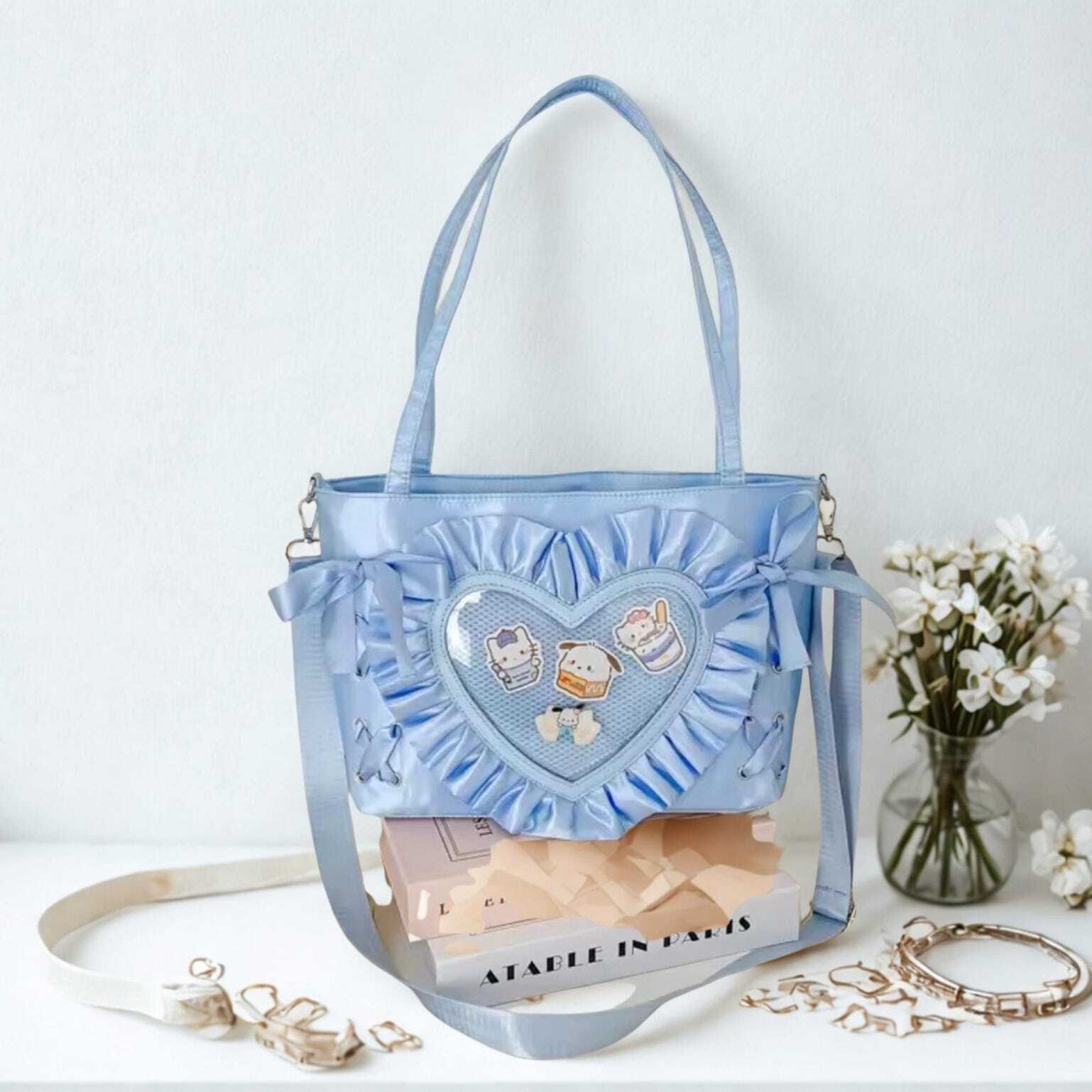 Small Black Lace Heart Ita Messenger Bag for Pin Display Small Black Lace Heart Ita Messenger Bag for Pin Display