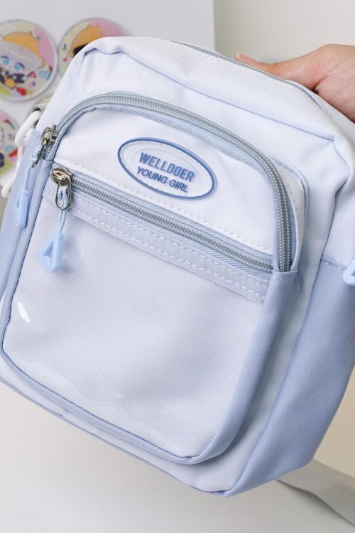 Small Blue Kawaii Convertible Ita Bag with Clear Window for Pin Display