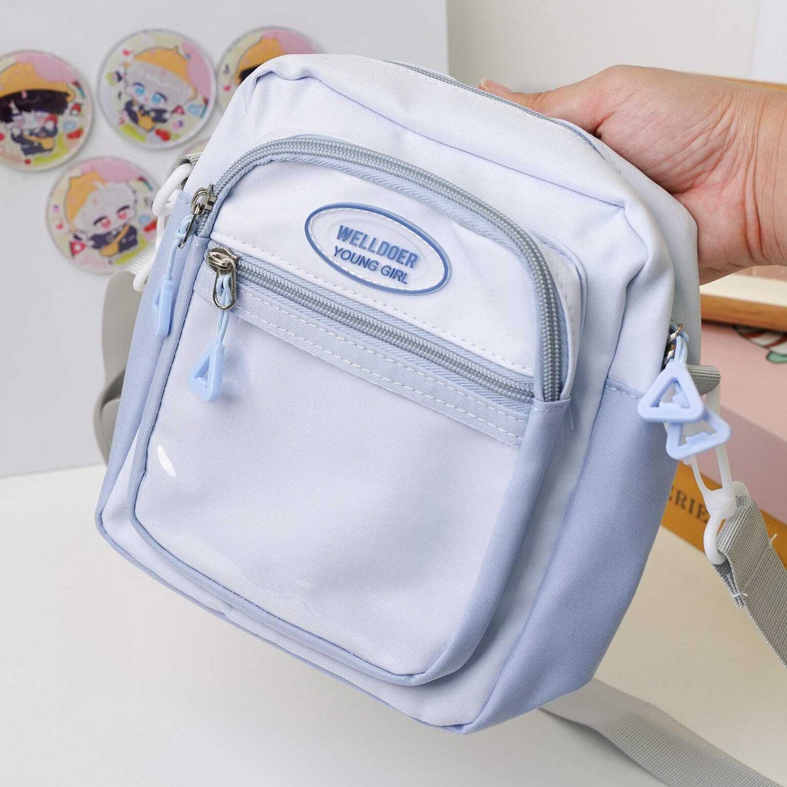 Small Blue Kawaii Convertible Ita Bag with Clear Window for Pin Display Small Blue Kawaii Convertible Ita Bag with Clear Window for Pin Display