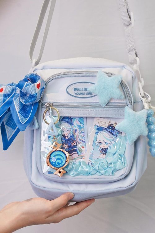Small Blue Kawaii Convertible Ita Bag with Clear Window for Pin Display