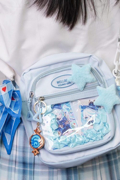 Small Blue Kawaii Convertible Ita Bag with Clear Window for Pin Display