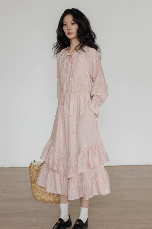 Small Floral Embroidery Long Dress