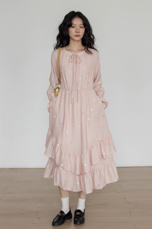 Small Floral Embroidery Long Dress