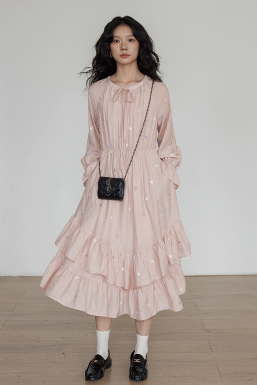 Small Floral Embroidery Long Dress