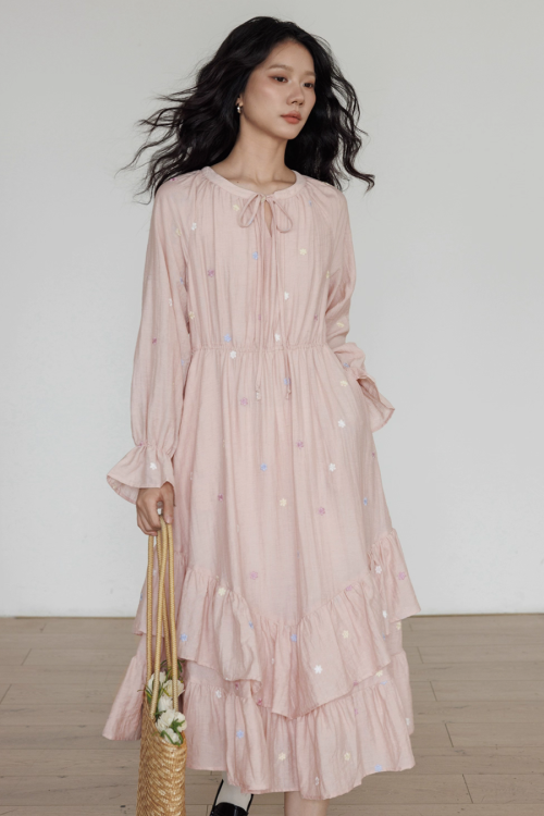 Small Floral Embroidery Long Dress