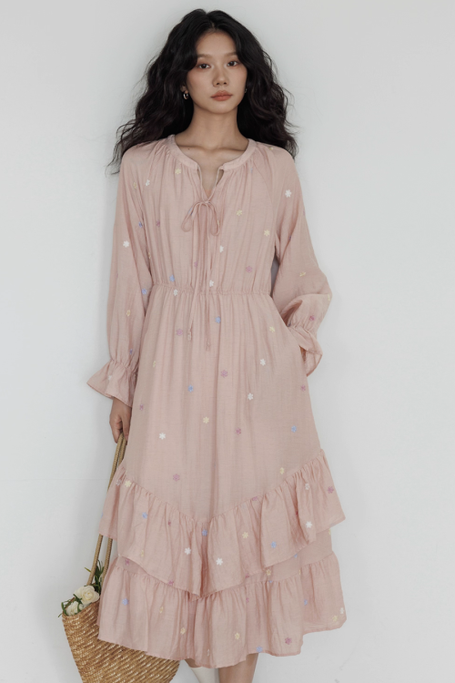 Small Floral Embroidery Long Dress