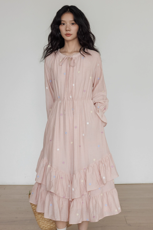 Small Floral Embroidery Long Dress