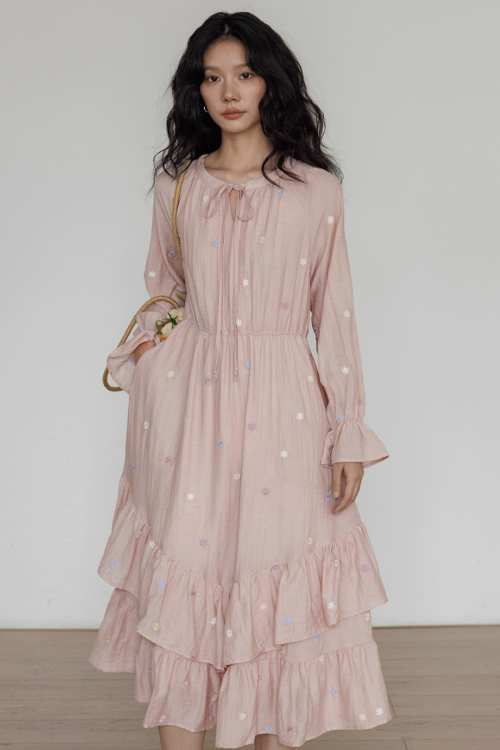 Small Floral Embroidery Long Dress
