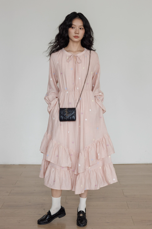 Small Floral Embroidery Long Dress