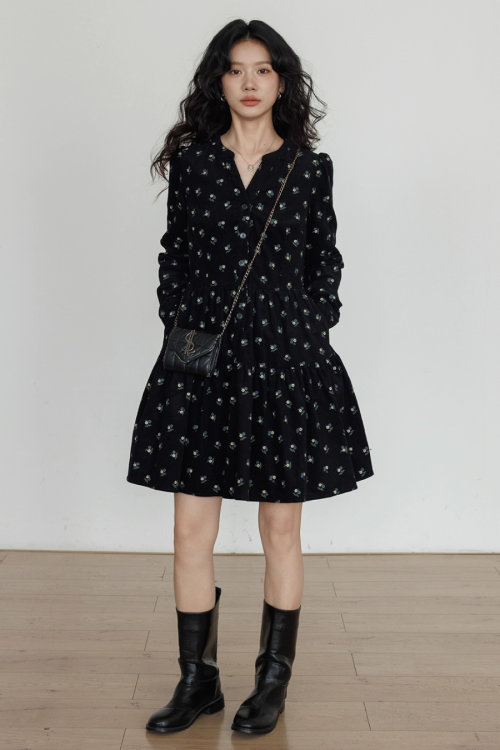 Small Floral Print Flare Dress