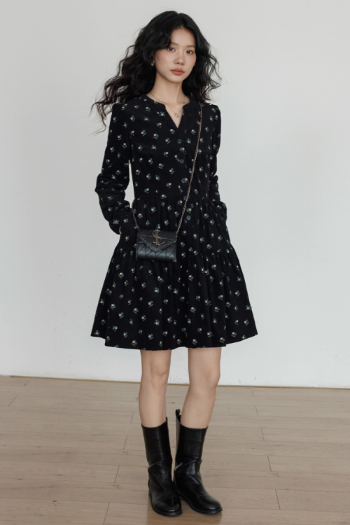 Small Floral Print Flare Dress