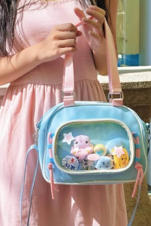 Small Pastel Kawaii Ita Messenger Bag with Clear Window for Plushies and Pins